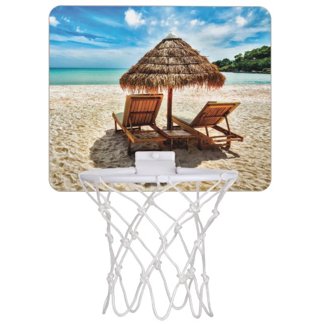 Lounge chairs on beach throw pillow mini basketball hoop (Front)