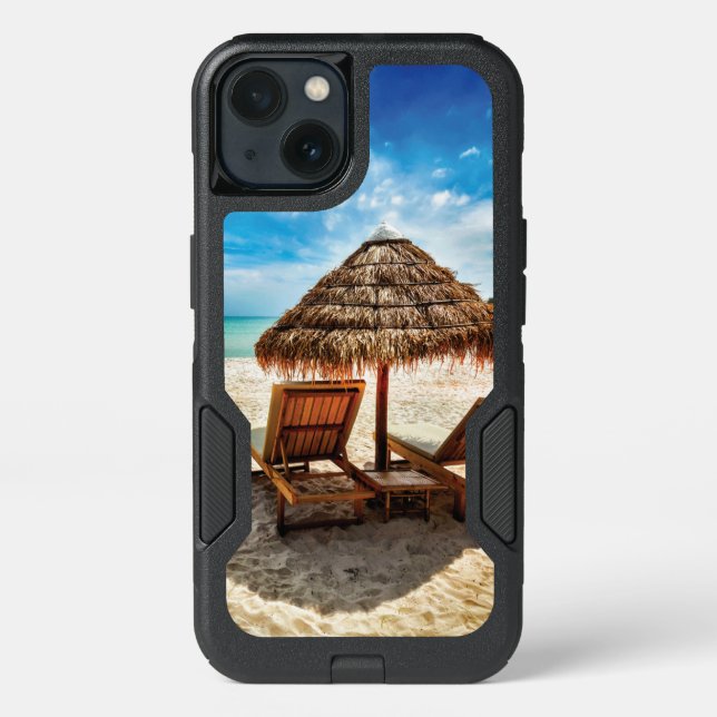 Lounge chairs on beach throw pillow otterbox iPhone case (Back)