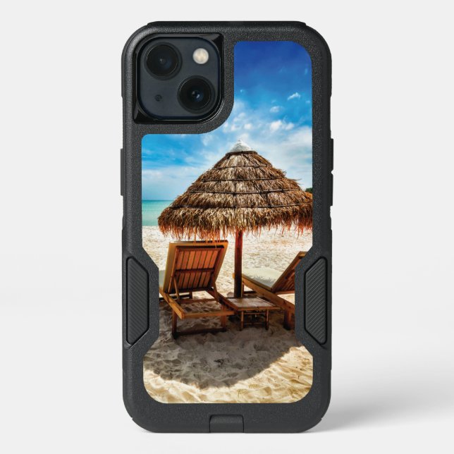 Lounge chairs on beach throw pillow otterbox iPhone case (Back)