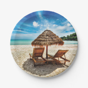 Lounge chairs on beach throw pillow paper plates