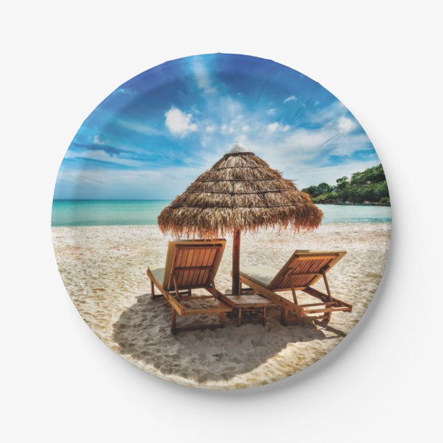 Lounge chairs on beach throw pillow paper plates (Front)