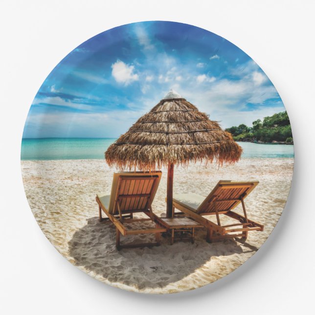 Lounge chairs on beach throw pillow paper plates (Front)