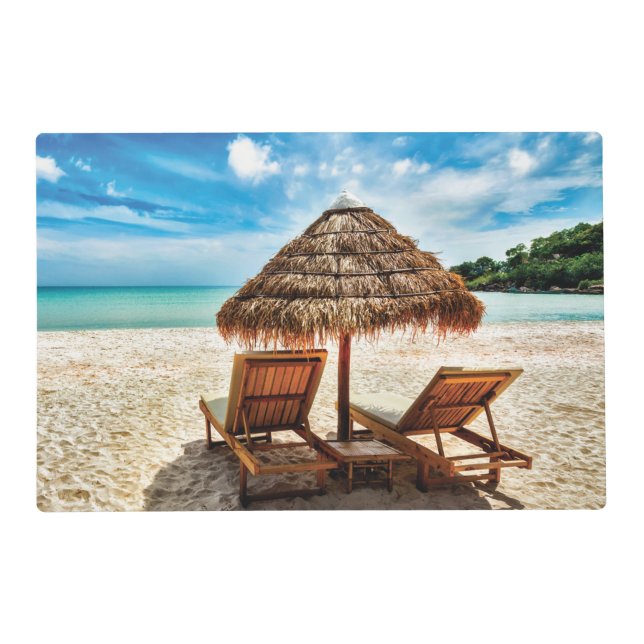 Lounge chairs on beach throw pillow placemat (Front)