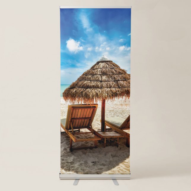Lounge chairs on beach throw pillow retractable banner (Front)