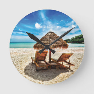 Lounge chairs on beach throw pillow round clock