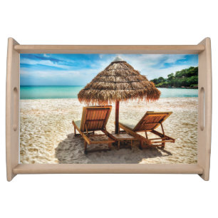 Lounge chairs on beach throw pillow serving tray
