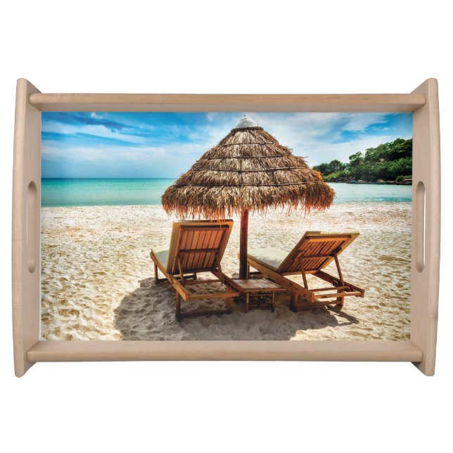 Lounge chairs on beach throw pillow serving tray (Front)