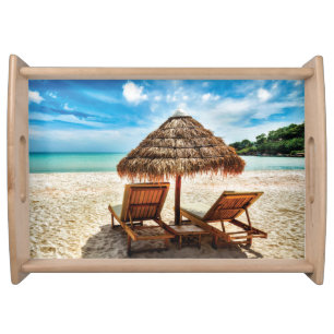 Lounge chairs on beach throw pillow serving tray