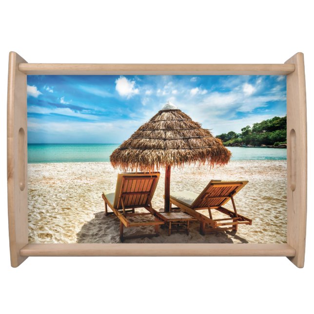 Lounge chairs on beach throw pillow serving tray (Front)