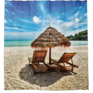 Lounge chairs on beach throw pillow shower curtain
