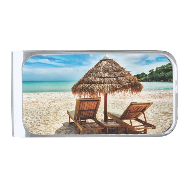 Lounge chairs on beach throw pillow silver finish money clip (Front)