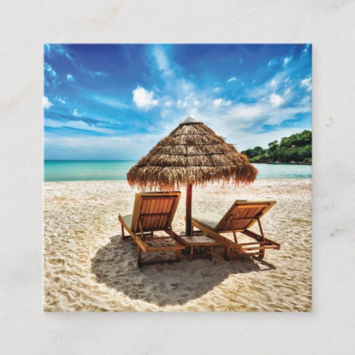 Lounge chairs on beach throw pillow square business card