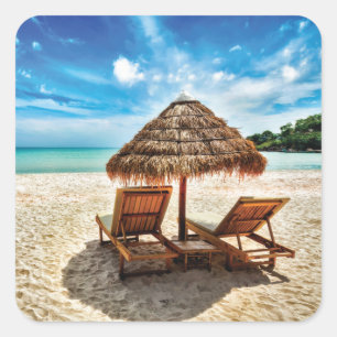 Lounge chairs on beach throw pillow square sticker