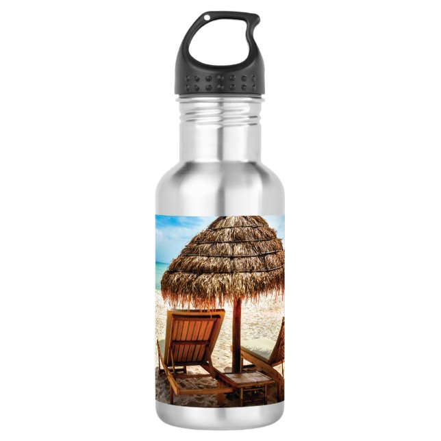 Lounge chairs on beach throw pillow stainless steel water bottle (Front)