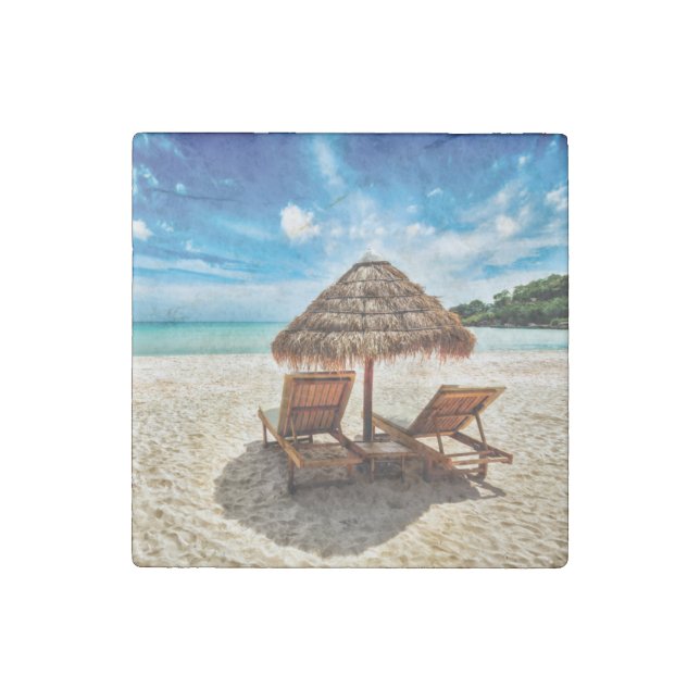 Lounge chairs on beach throw pillow stone magnet (Front)