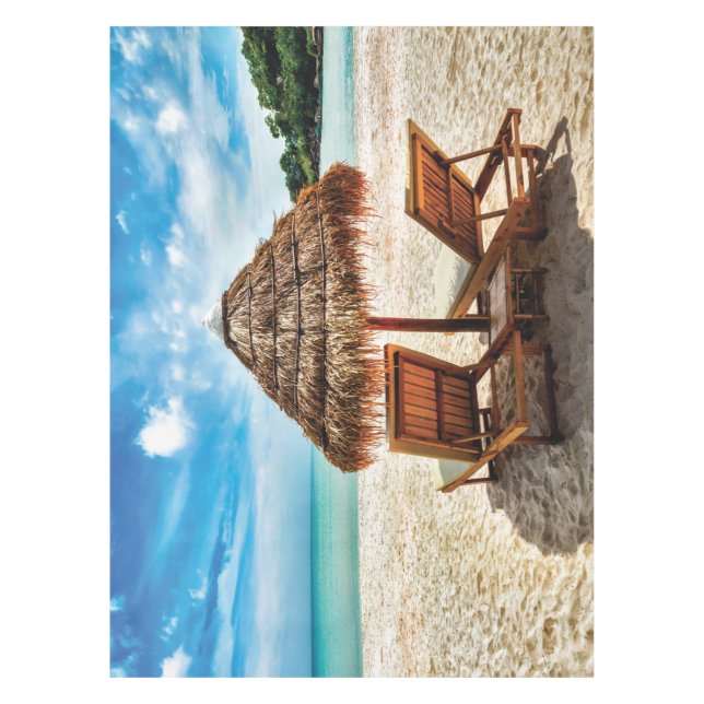 Lounge chairs on beach throw pillow tablecloth (Front)