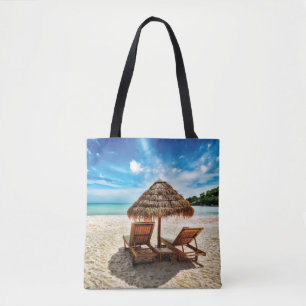 Lounge chairs on beach throw pillow tote bag