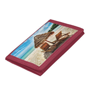 Lounge chairs on beach throw pillow trifold wallet