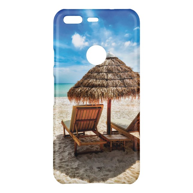 Lounge chairs on beach throw pillow uncommon google pixel case (Back)