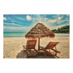 Lounge chairs on beach throw pillow wood wall art