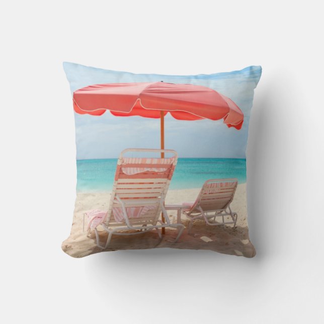 Lounge chairs on the ocean beach throw pillow (Front)