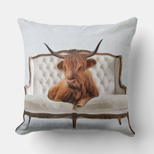 Lounging Highland Cow on White Vintage Sofa Throw Pillow