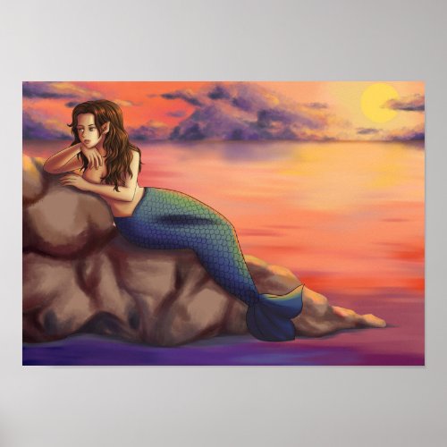 Lounging Mermaid at Sunset Poster