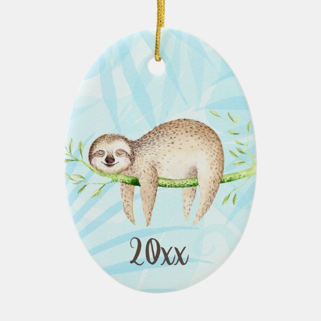 Lounging Sloth Keepsake Customizable Year Ceramic Ornament (Front)