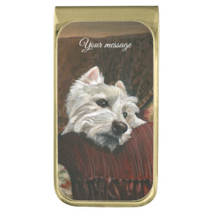 Lounging Westie on Sofa Gold Finish Money Clip