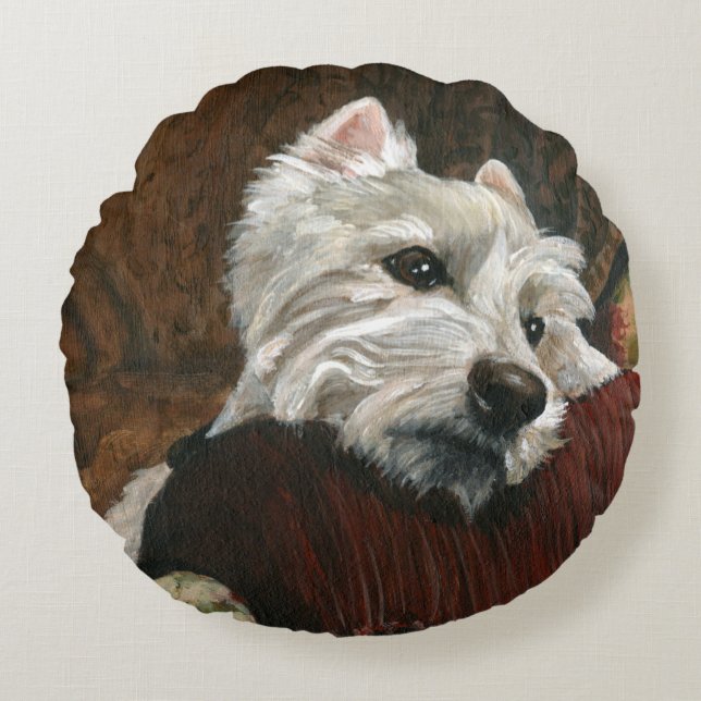 Lounging Westie on Sofa Round Pillow (Front)