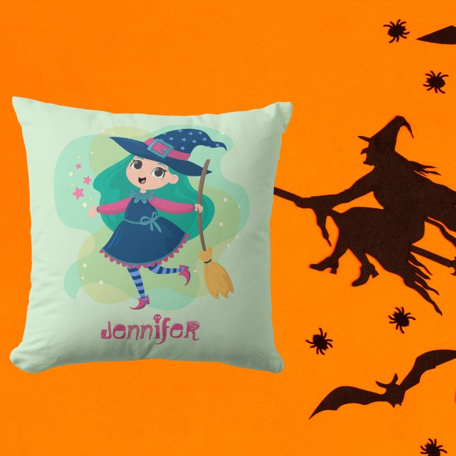 Lovable Halloween Witch with Broom and Stars Throw Pillow (Creator Uploaded)