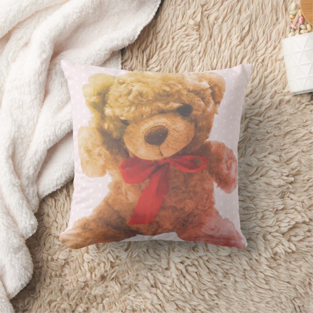 Lovable Pink Vintage Teddy Bear Nursery Throw Pillow (Blanket)