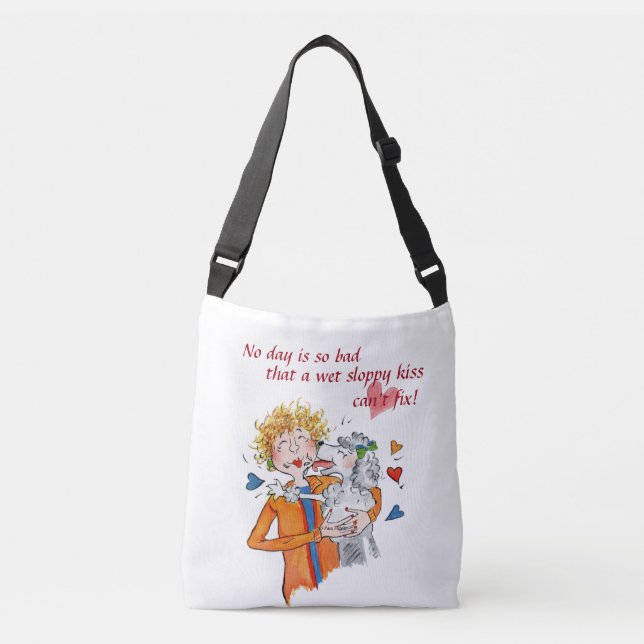 Lovable poodle licks our Woman in Red Crossbody Bag (Front)