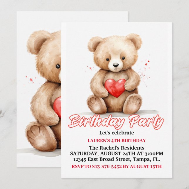 Lovable Teddy Bear Birthday Party Invitation (Front/Back)