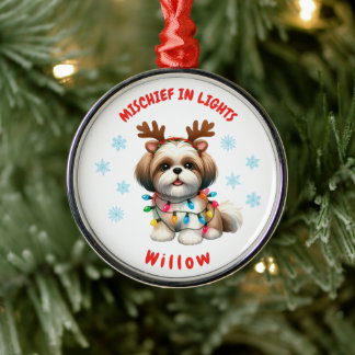 Lovable Watercolor Shih Tzu Festive Snowflakes Dog Metal Ornament