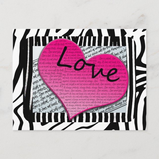 Love 1 Corinthians 13 Hearts Pink Zebra Postcard (Front)