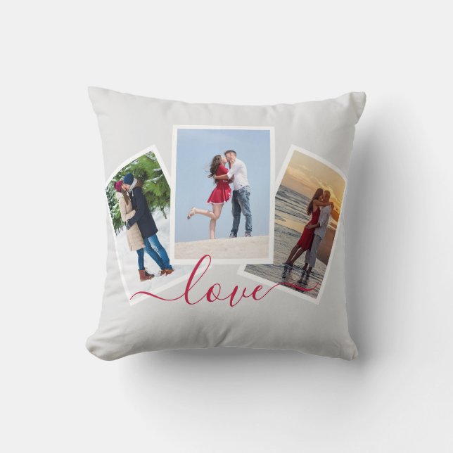 Love 3 Photo Collage with Red Script Throw Pillow (Front)