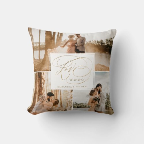 Love 3 photo grid wedding typography gold grey throw pillow