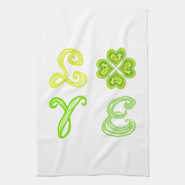 LOVE 4 Leaf Clover as 4 Green Heart Diamonds Kitchen Towel (Vertical)