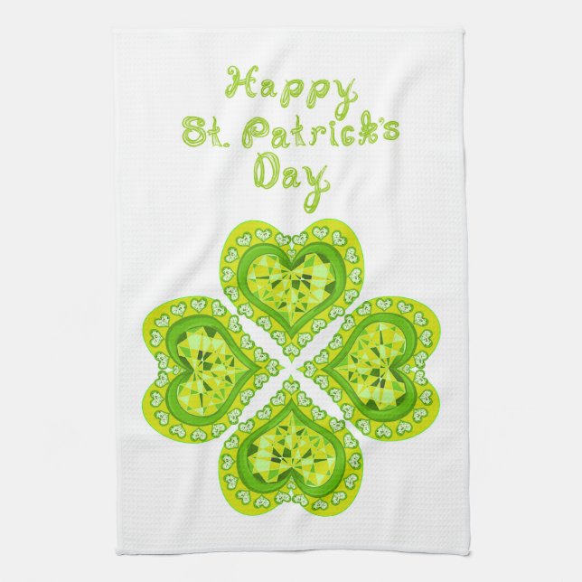 LOVE 4 Leaf Heart Diamonds St Patricks Day Fabric Kitchen Towel (Vertical)