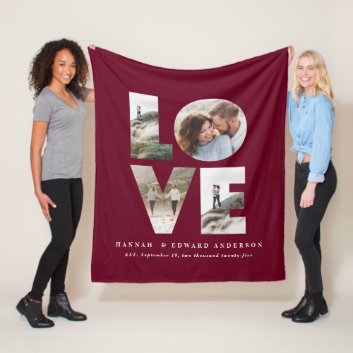 Love 4 photo simple modern personalised burgundy fleece blanket