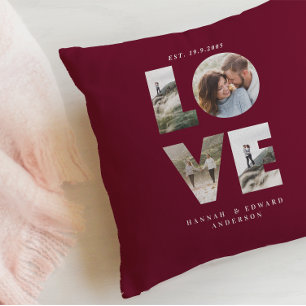 Love 4 photo simple modern personalised burgundy throw pillow