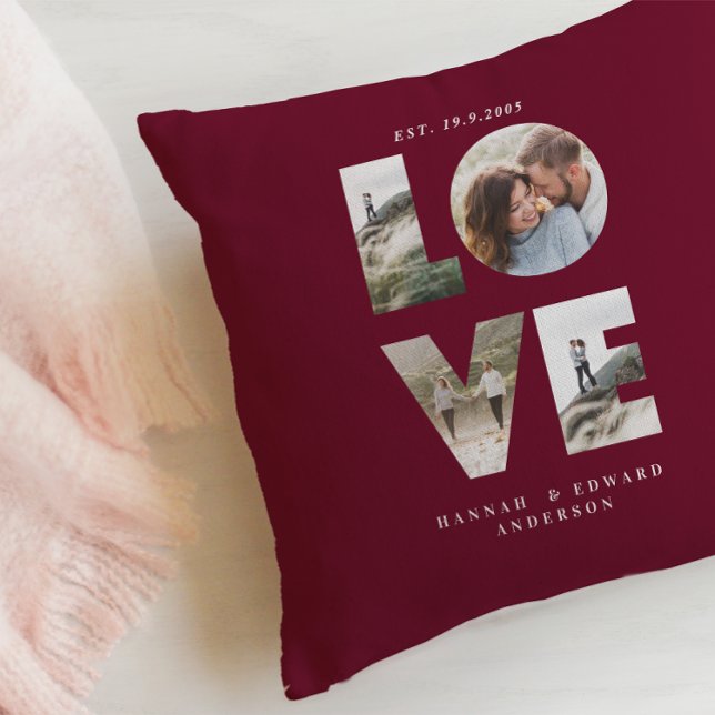 Love 4 photo simple modern personalised burgundy throw pillow (Creator Uploaded)