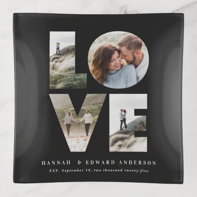 Love 4 photo simple modern personalised gift black trinket tray (Front)