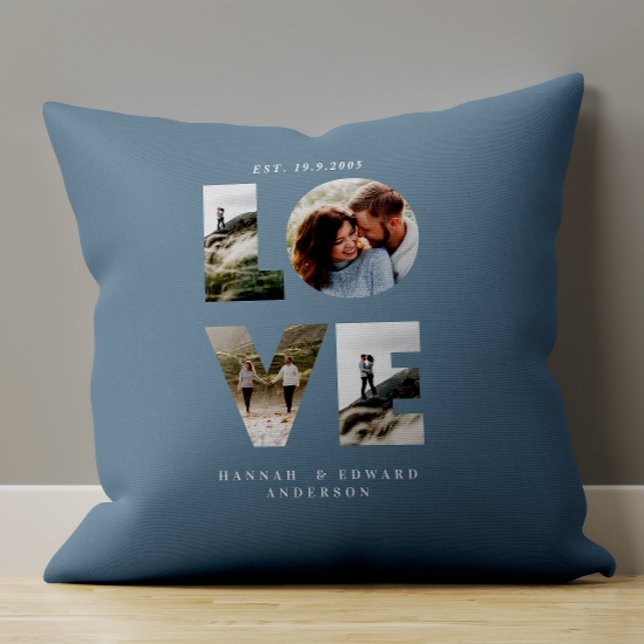 Love 4 photo simple modern personalised gift blue throw pillow (Creator Uploaded)