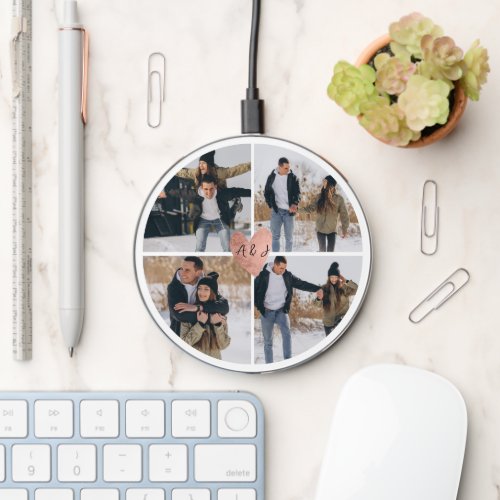 Love 4 photos circle initials heart rose gold wireless charger 