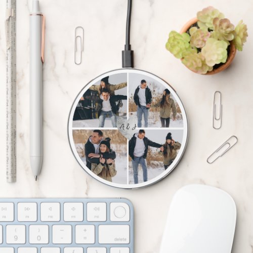 Love 4 photos circle initials heart silver wireless charger 