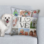 LOVE 8-Photo Collage (changeable background color) Throw Pillow<br><div class="desc">Display eight of your favorite photos on this full-bleed photo collage design with the word LOVE in a silver gray watercolor and a changeable white background color on the front and a changeable solid silver gray color on the back. PHOTO TIP: For fastest/best results, choose a photo with the subject...</div>
