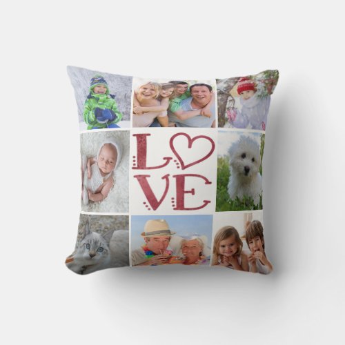 LOVE 8-Photo Collage (changeable background color) Throw Pillow - Display eight of your favorite photos on this full-bleed photo collage design with the word LOVE in a wine, marsala and burgundy watercolor and a changeable white background color on the front and burgundy color on the back. 
PHOTO TIP:  For fastest/best results, choose a photo with the subject in the middle and/or pre-crop it to a square shape BEFORE uploading it. Note with the full-bleed design that you don't want anything important along the appropriate outside edges of various photo placements.
TO MAKE CHANGES:  The background colors can be changed by clicking on the "click to customize further" tab and choosing from an assortment of standard colors as well as unlimited colors in the "color picker" section under "Select Background Color."
Contact the designer if you'd like this design modified or on another product.