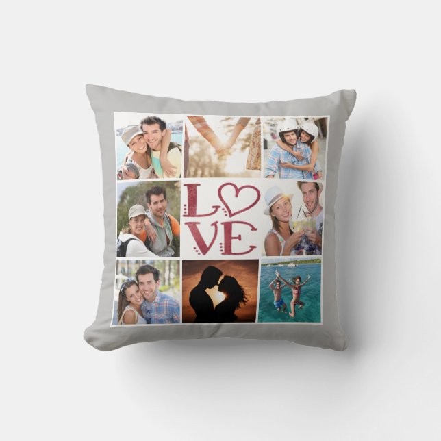 LOVE 8-Photo Collage Editable Gray Personalized Throw Pillow (Front)